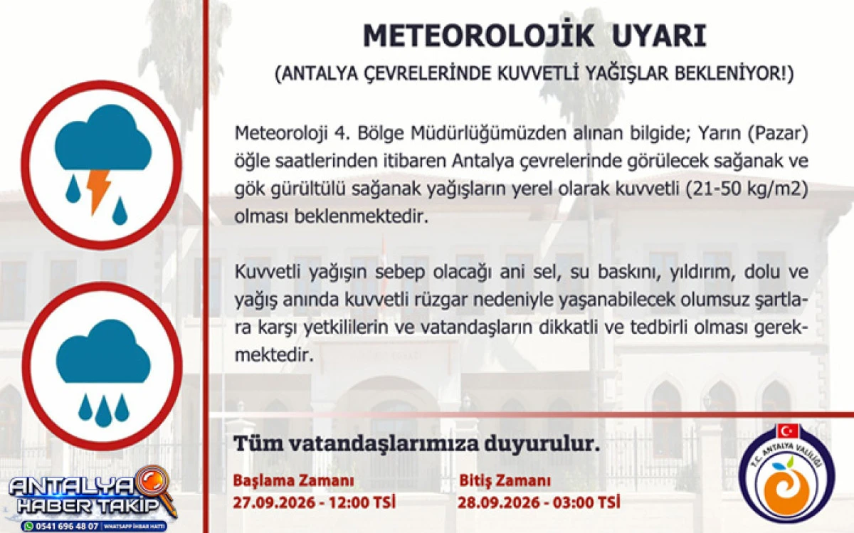METEOROLOJİK UYARI (Antalya &Ccedil;evrelerinde Kuvvetli Yağışlar Bekleniyor!)